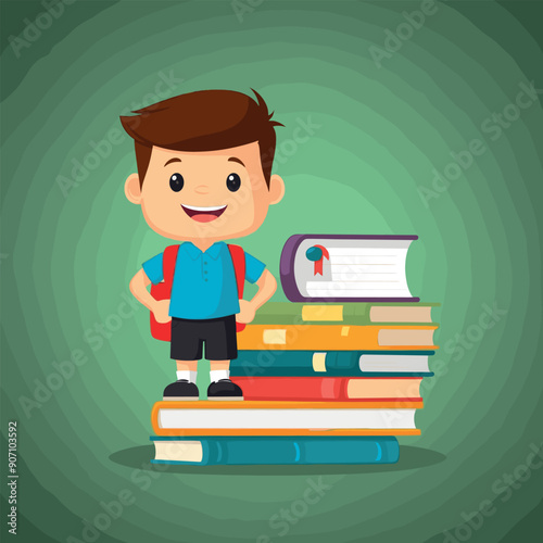 A colorful illustration of a classroom with a boy and a book with the word quot i love quot on it