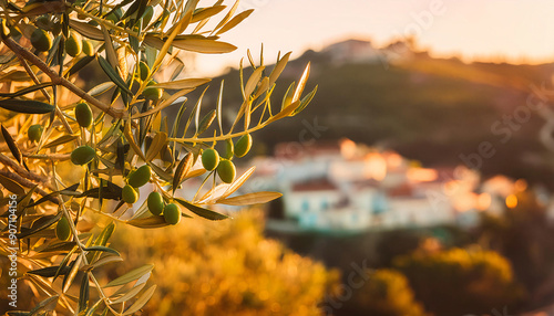 Olives on an olive tree. In the background hills with a village with white houses