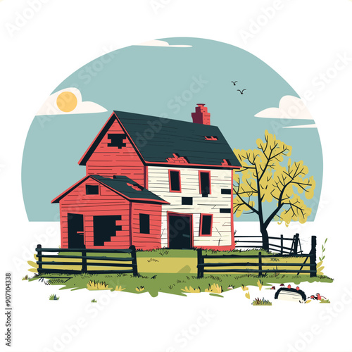 Red farmhouse surrounded nature, autumn season vibes leaves fall lone yellow tree. Rural setting, abandoned house looks dilapidated under clear sky, hint sunset. Vibrant red old house countryside