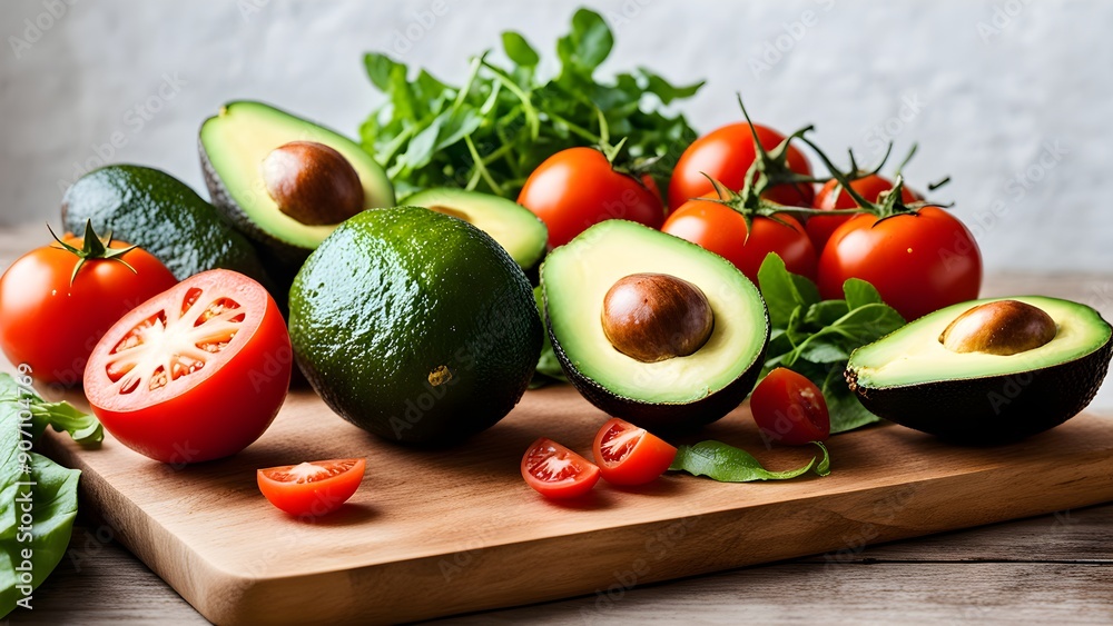 A wooden cutting board with a variety of fruits and vegetables A wooden cutting board with a variety of fruits and vegetables