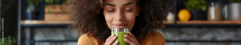 Joyful Young Woman Sipping a Fresh Green Healthy Smoothie at Home, Embracing a Nutritious and Energizing Start to the Day. Joyful Young Woman Sipping a Fresh Green Healthy Smoothie at Home, Embracing a Nutritious and Energizing Start to the Day.