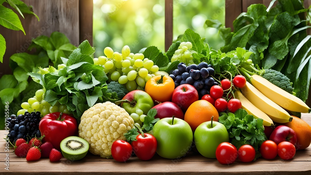 A variety of fruits and vegetables are displayed on a wooden table A variety of fruits and vegetables are displayed on a wooden table