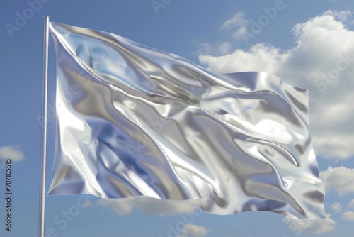 A metallic silver flag waves gracefully against a blue sky with clouds, representing elegance, neutrality, or celebration in a serene atmosphere. photo