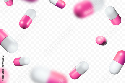 Falling medical pills capsules isolated on transparent background. Realistic white and pink pills in 3D style. Healthcare and medical concept. Drug addiction. Vector illustration.