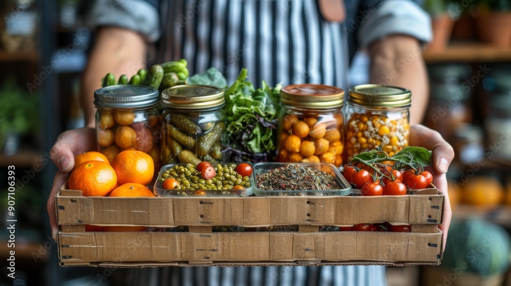 Fresh produce and preserves displayed in wooden crate - generative ai Fresh produce and preserves displayed in wooden crate - generative ai