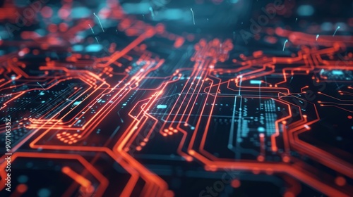 A close-up of a futuristic circuit board with red neon lines, representing advanced technology, data flow, and digital networks. photo