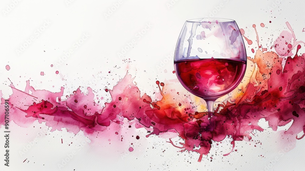Fototapeta premium A stylish watercolor illustration of a red wine stain on a white background. The design features a ring from a wine glass, splatters, and artistic blotches, suitable for drink-related or artistic