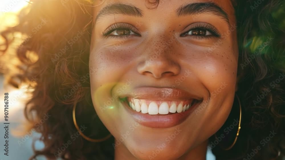 A young woman with curly hair smiles warmly, basking in the sunlight, exuding joy and positivity in a vibrant outdoor setting. A young woman with curly hair smiles warmly, basking in the sunlight, exuding joy and positivity in a vibrant outdoor setting.