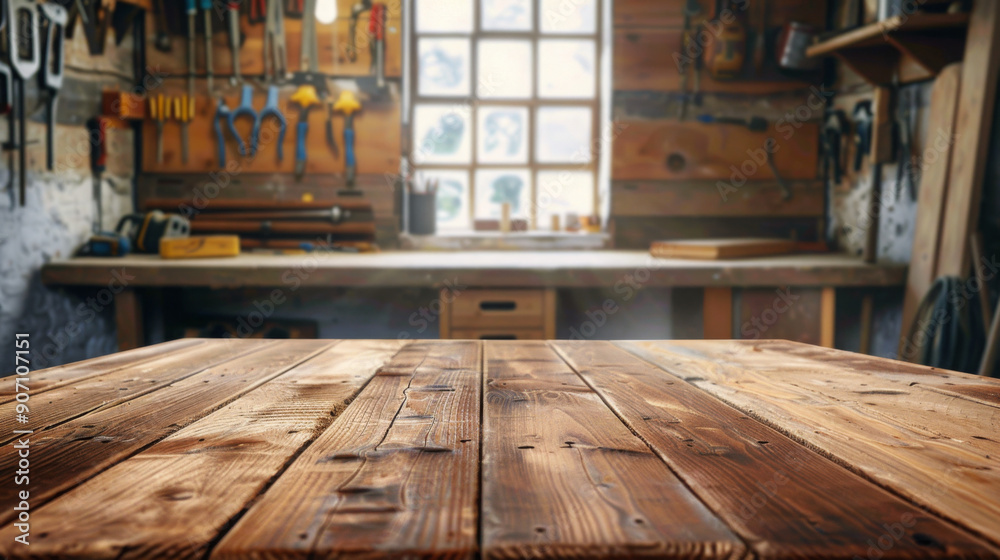 Carpentry workshop, empty wooden table in the foreground, blurred background with carpenter's tools on the wall, selective focus Carpentry workshop, empty wooden table in the foreground, blurred background with carpenter's tools on the wall, selective focus