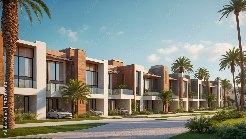 Fototapeta premium New modern townhouses, palm trees