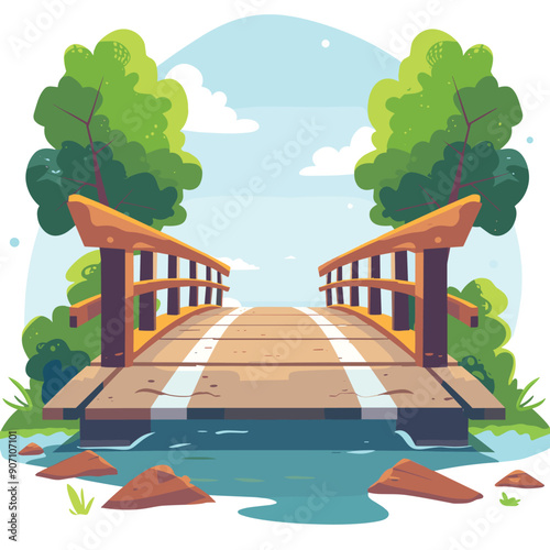 Wooden bridge over river cartoon vector illustration. Tranquil nature scene, river crossing, peaceful landscape, bright colors. Detailed illustration public park footbridge, serene outdoor