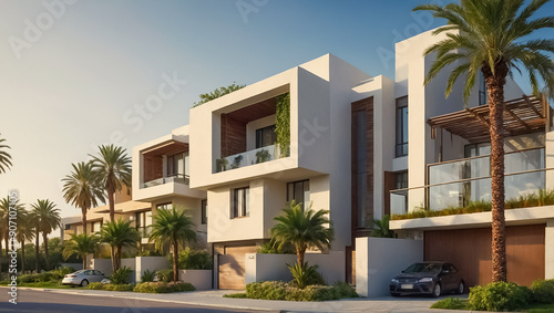 New modern townhouses, palm trees