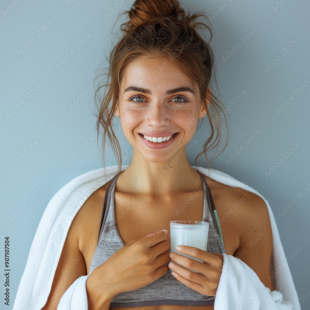 Exuberant Young Woman in Sportswear Holding a Healthy Drink After a Workout, Embracing a Towel and a Joyful Post-Exercise Glow. Exuberant Young Woman in Sportswear Holding a Healthy Drink After a Workout, Embracing a Towel and a Joyful Post-Exercise Glow.