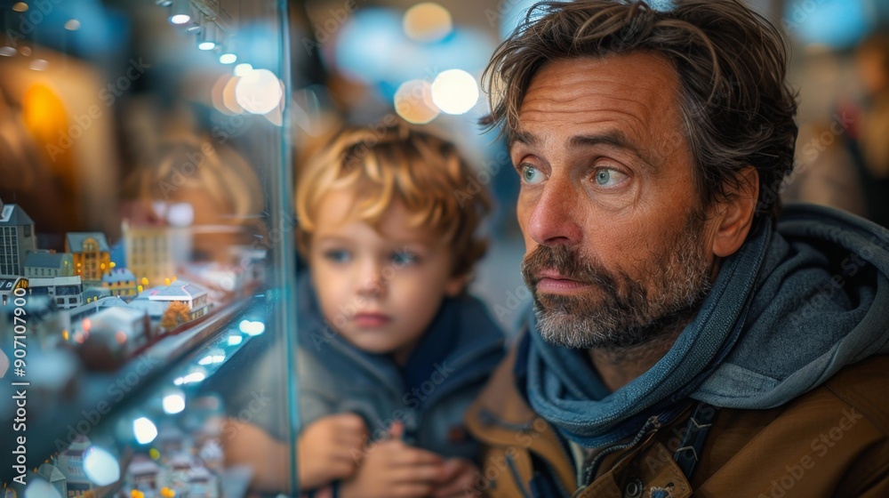 Father and son admiring model display - generative ai Father and son admiring model display - generative ai