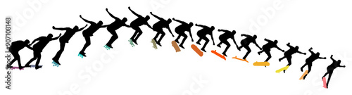 Dynamic silhouette sequence of skateboarder performing mid-air trick. Frame-by-frame image of skate trick. Multicolored vector illustration of silhouette. Fluid motion and athletic skateboarding skill