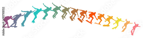 Dynamic silhouette sequence of skateboarder performing mid-air trick. Frame-by-frame image of skate trick. Multicolored vector illustration of silhouette. Fluid motion and athletic skateboarding skill
