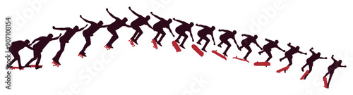 Dynamic silhouette sequence of skateboarder performing mid-air trick. Frame-by-frame image of skate trick. Colored vector illustration of silhouette. Fluid motion and athletic skateboarding skill