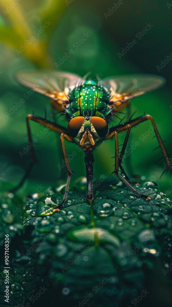 Fototapeta premium Verdant Intrigue: A Macro Portrait of a Green Fly Perched on a Leaf with a Naturally Blurred Background, Embracing the Delicate Details of Insect Life