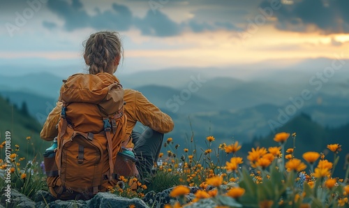 A hiker woman sits at the mountain's summit, marveling at the stunning landscape, feeling blissful and at peace with nature.