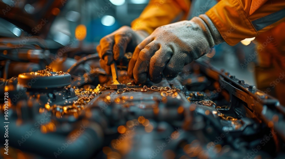 Mechanic working on engine in industrial workshop - generative ai