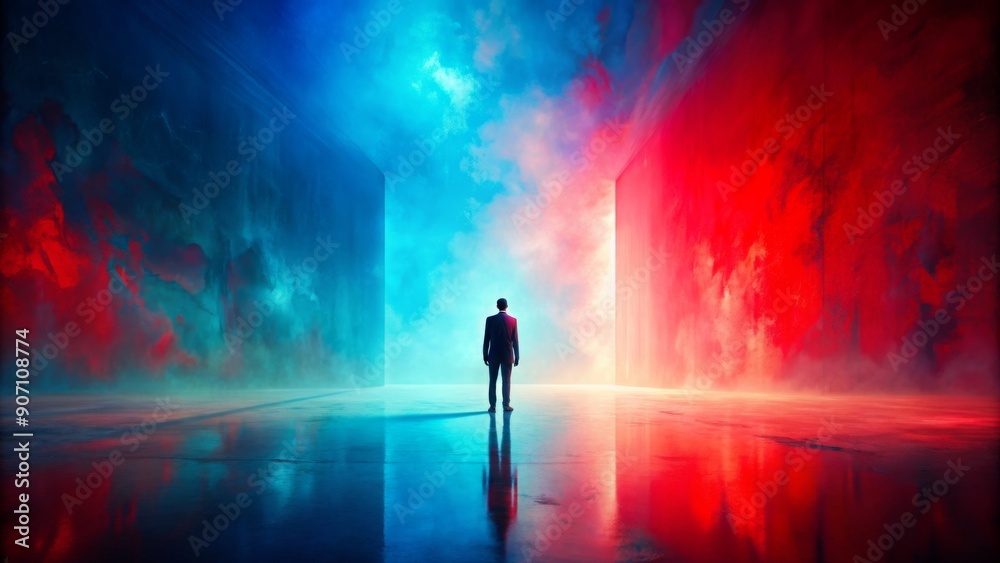 Surreal image of a solitary figure in abstract environment with bold red and blue hues , surreal, abstract, figure, vibrant Surreal image of a solitary figure in abstract environment with bold red and blue hues , surreal, abstract, figure, vibrant
