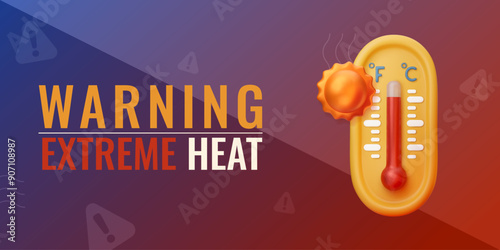 Heat warning background with 3D realistic thermometer. High temperature and extreme hot warning. Vector design for banner or social media post