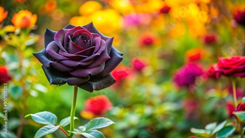 Black rose standing out in a vibrant garden, Black, rose, flower, garden, nature, unique, contrast, beauty, dark, unusual, plant