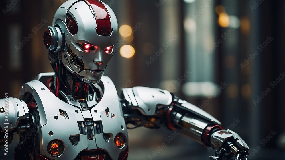 Realistic Robotic Face With Intricate Circuitry Displayed in Futuristic Environment at Night Realistic Robotic Face With Intricate Circuitry Displayed in Futuristic Environment at Night