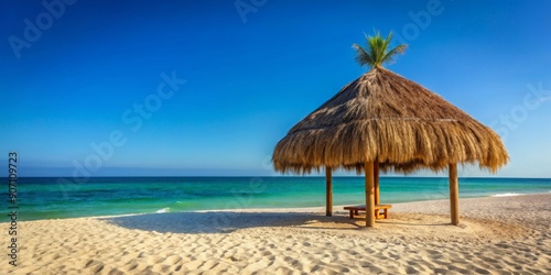 Palapa hut on sandy beach with clear blue sky in background, palapa, beach, tropical, hut, sand, vacation