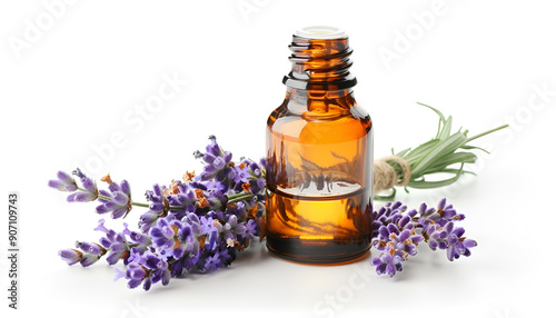 Bottle with aroma oil and lavender flowers isolated on white background