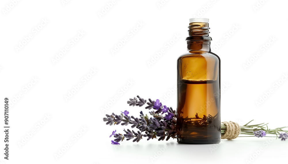 Bottle with aroma oil and lavender flowers isolated on white background