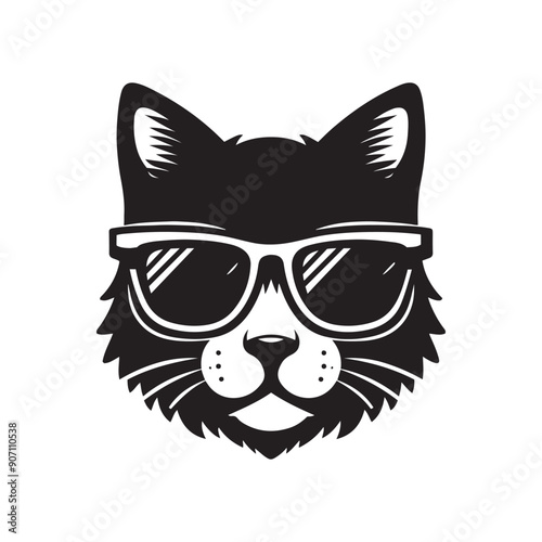 Cat head wearing sunglass silhouette vector art illustration template