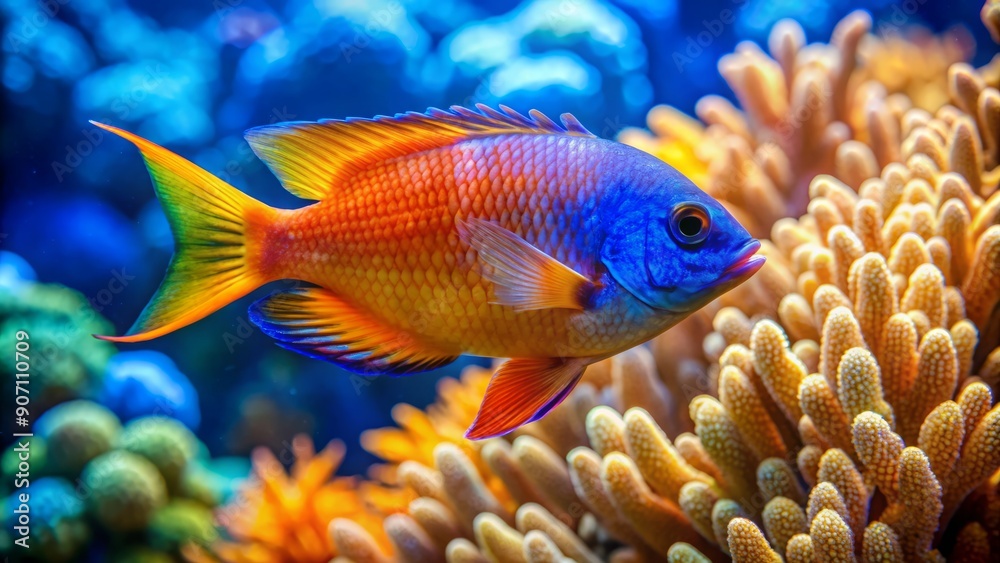 Vibrant orange and blue damsel fish swims near coral reef, its iridescent scales shimmering in sunlight filtering down through crystal-clear turquoise ocean water. Vibrant orange and blue damsel fish swims near coral reef, its iridescent scales shimmering in sunlight filtering down through crystal-clear turquoise ocean water.
