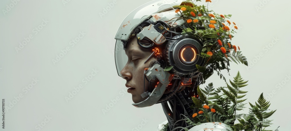 Biomechanical Integration. A striking image of a biomechanical human with integrated plants, symbolizing the fusion of nature and technology for a sustainable future. Biomechanical Integration. A striking image of a biomechanical human with integrated plants, symbolizing the fusion of nature and technology for a sustainable future.