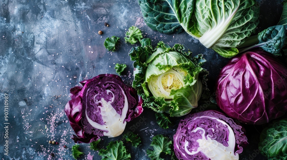 Obraz premium Fermented cabbage varieties on a rustic surface