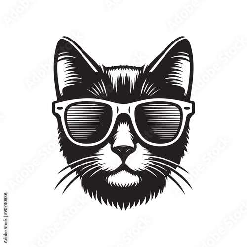 Cat head wearing sunglass silhouette vector art illustration template