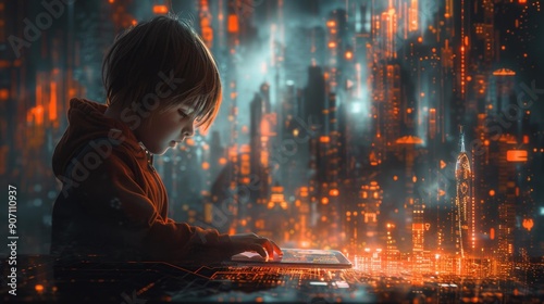 Futuristic child using tablet in cyberpunk city - generative ai photo