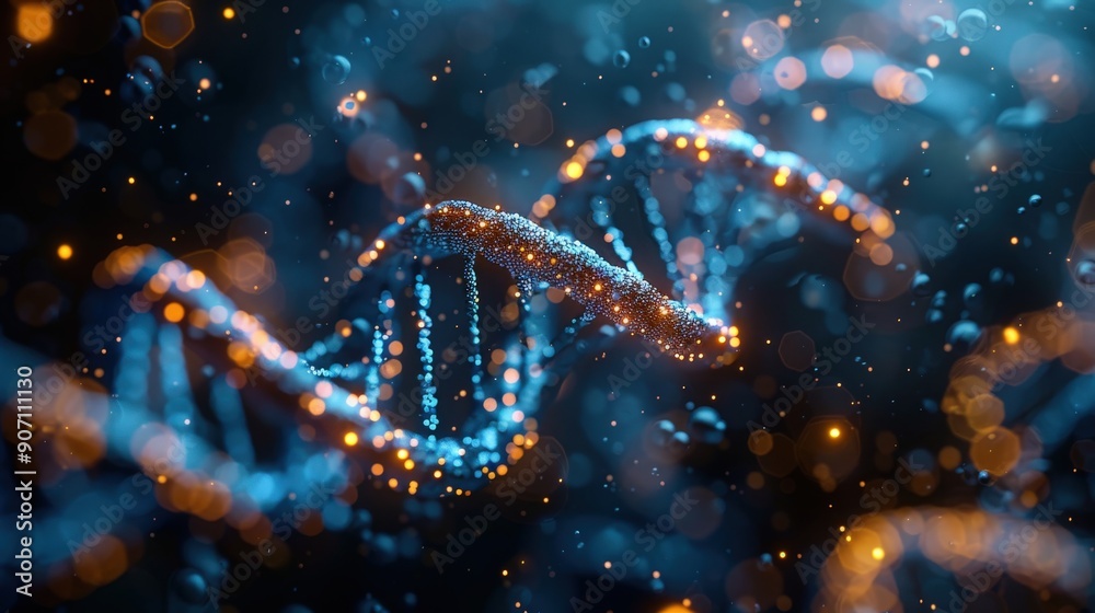 A high-resolution digital background showcasing a DNA helix with genetic elements. The design includes blue abstract molecular structures and biotechnology details, ideal for health and research A high-resolution digital background showcasing a DNA helix with genetic elements. The design includes blue abstract molecular structures and biotechnology details, ideal for health and research