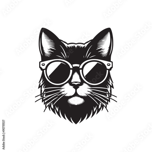 Cat head wearing sunglass silhouette vector art illustration template