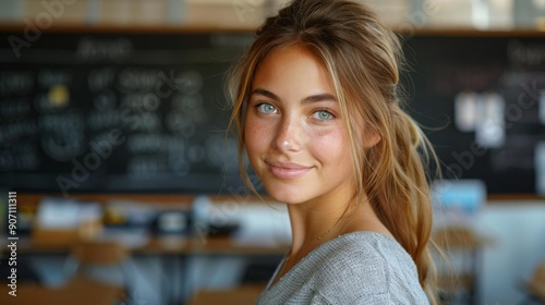 Smiling young woman in classroom - generative ai photo