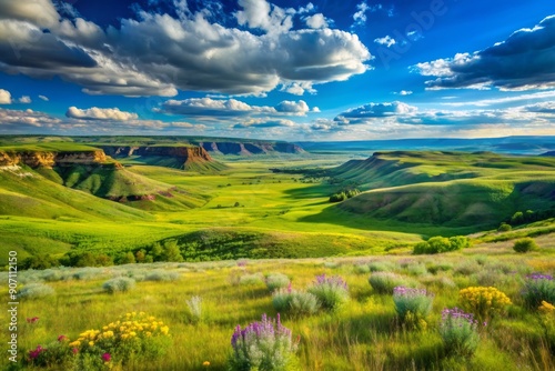 Vibrant green mesa grasslands stretch towards the horizon under a bright blue sky, with rolling hills, wildflowers, and a serene canyon landscape in Colorado's countryside. photo