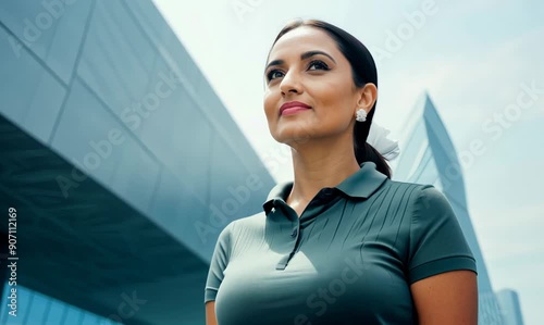 Medium shot portrait of a Saudi Arabian woman in her 40s in a modern architectural background wearing a sporty polo shirt