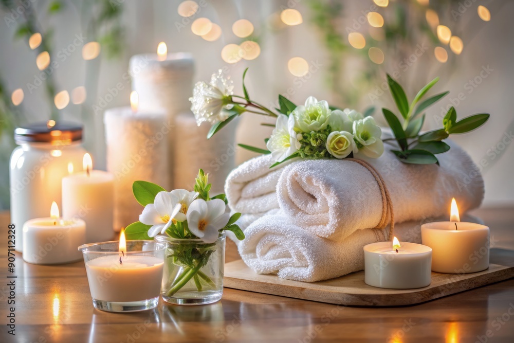 Serene spa ambiance featuring a plush white towel, candles, and aromatic flowers on a sleek table, surrounded by calming bathroom essentials and soothing decor. Serene spa ambiance featuring a plush white towel, candles, and aromatic flowers on a sleek table, surrounded by calming bathroom essentials and soothing decor.
