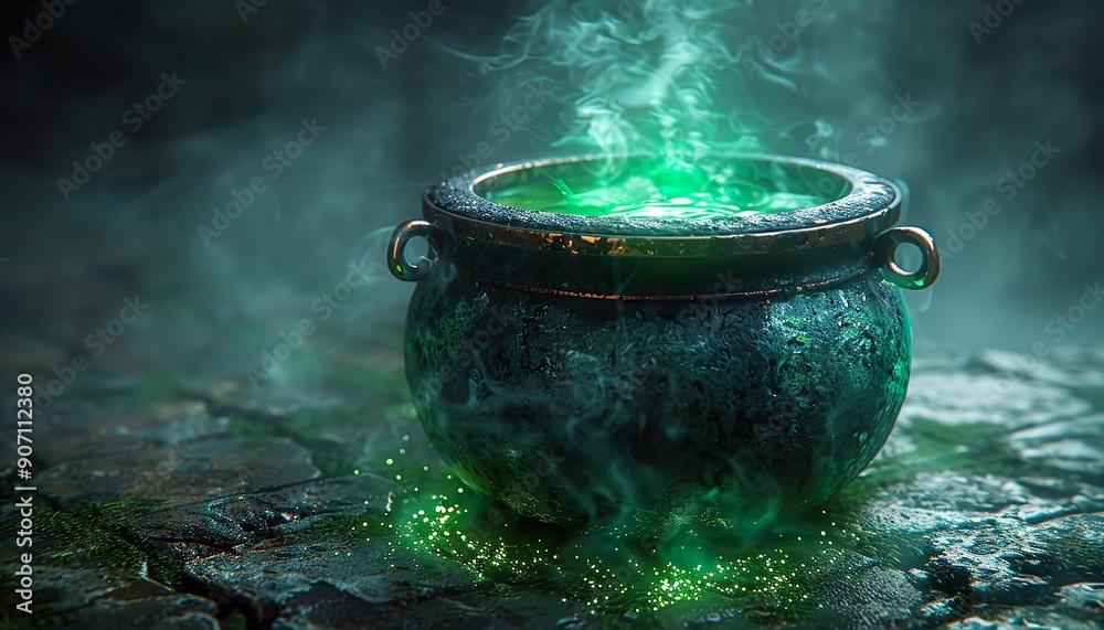 3dCauldron with green glowing potion isolated on a dark foggy background 3dCauldron with green glowing potion isolated on a dark foggy background