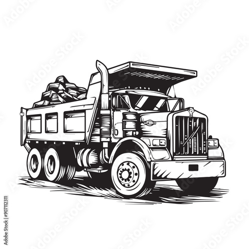 DUMP TRUCK  in cartoon, doodle style . Image for t-shirt, web, mobile apps and ui. Isolated 2d vector illustration in logo, icon, sketch style, Eps 10, black and white. AI Generative