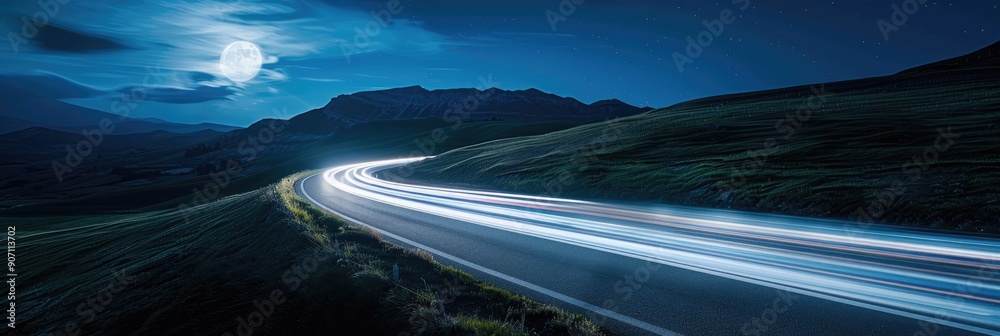 Obraz premium Moonlit winding road at night in Italy Blurred car headlights illuminate the asphalt with light trails mountains and a moonlit sky