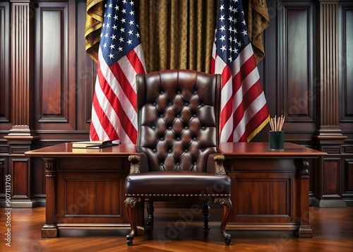 Formal dark-wood office setting featuring a stately table, high-back leather chair, and proud American flag standing tall behind, conveying authority and patriotism. photo