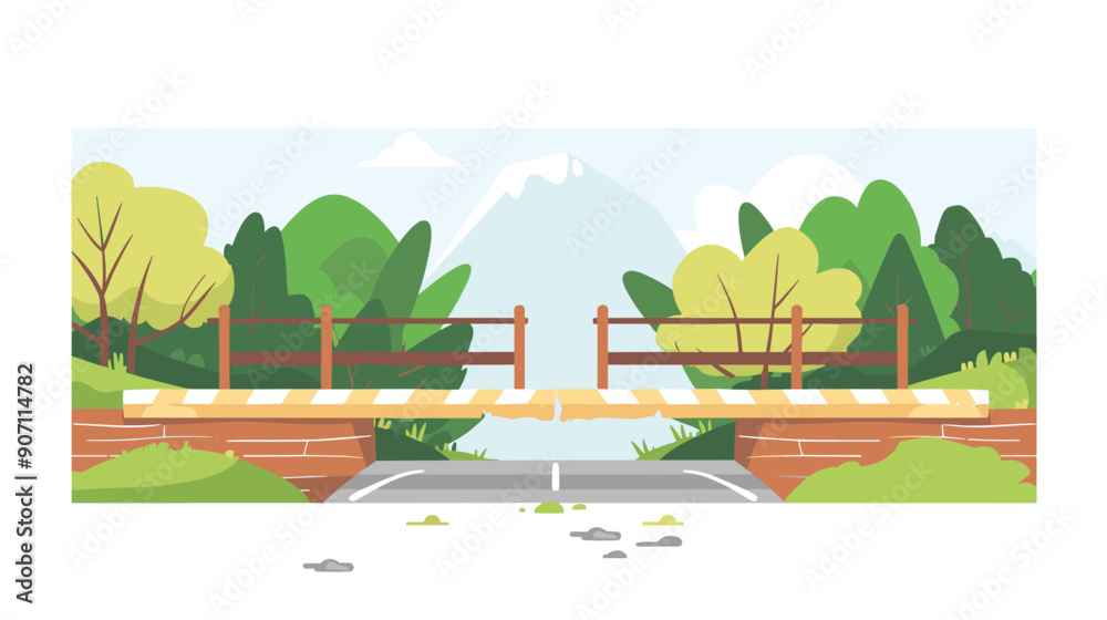 Obraz premium Wooden bridge over road scenic landscape, mountains background, trees, nature walk. Cartoon style countryside bridge, nature park path, outdoor adventure graphic. Flat design rural bridge crossing