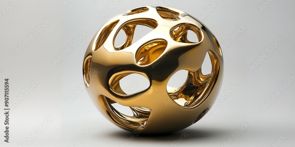Shiny golden abstract spherical sculpture with cutouts Shiny golden abstract spherical sculpture with cutouts