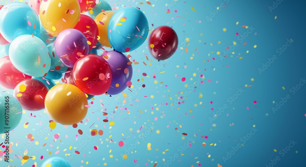 Colorful balloons and confetti flying in the air on blue background, Happy birthday concept banner with copy space area for text design Colorful balloons and confetti flying in the air on blue background, Happy birthday concept banner with copy space area for text design